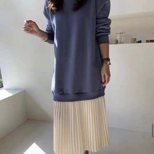 blue/violet dress with attached pleated skirt